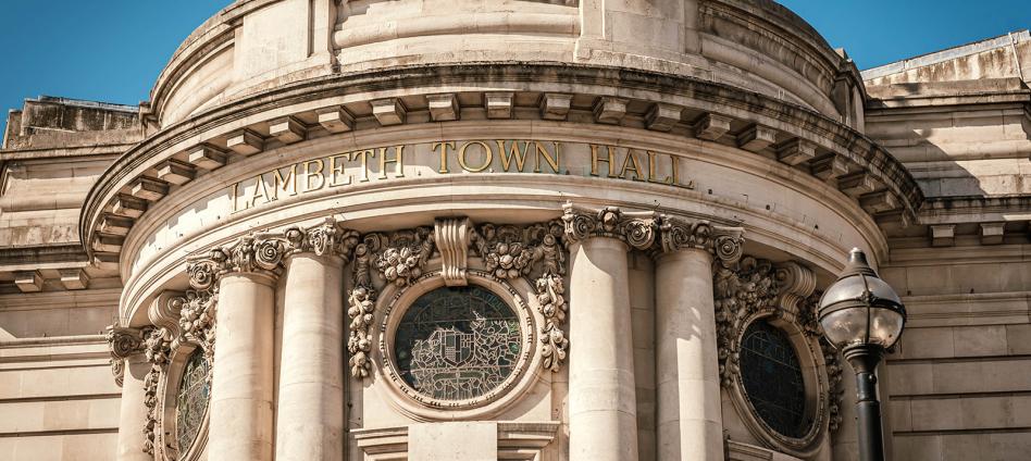 Close up of Lambeth Town Hall in gold writing on the facade of the Town Hall 