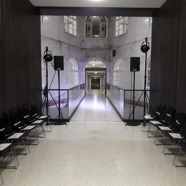 Town Hall bridge with seating and lighting set out for a Fashion Show 